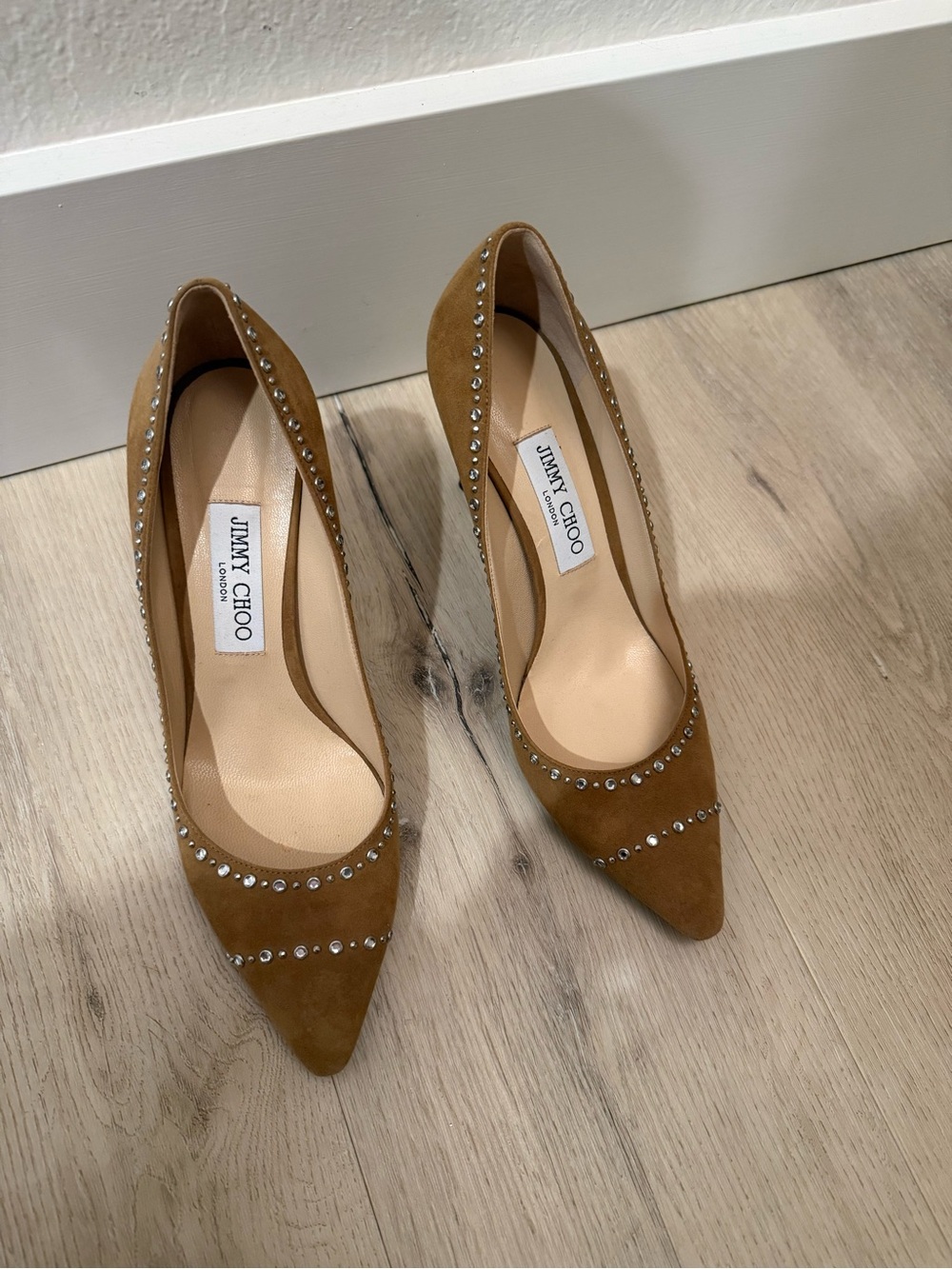 Jimmy Choo Tan Suede Studded Pointed Pumps